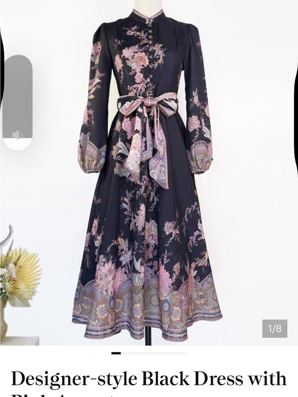 Designer-style Floral Black Tie-Waist Dress - Black & Pink